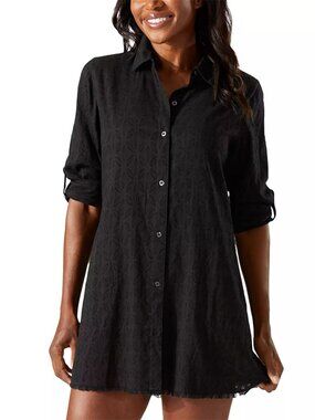 110$ Tommy Bahama Cotton Clip Jacquard Shirt Swim Coverup Dress Size XS Black